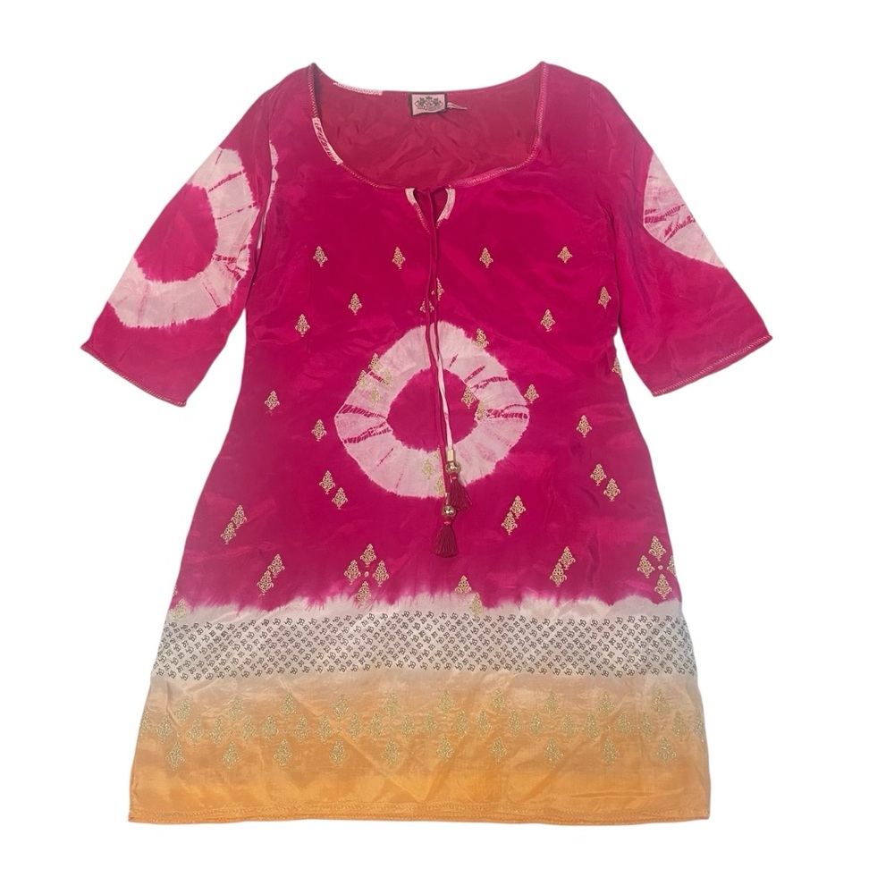 Vintage Juicy Couture India 100% Silk Embroidered Pink Orange Dress Small Y2K